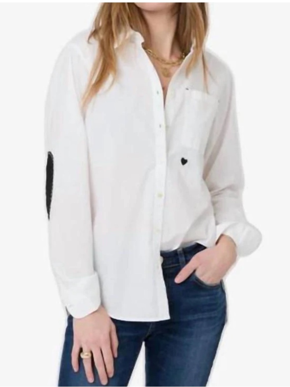 Kerri Rosenthal Mia White Shirt Button-Front Blouse Black Heart Elbow Patches XL